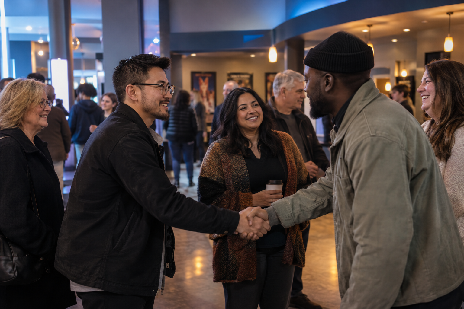 A diverse church community warmly greeting one another