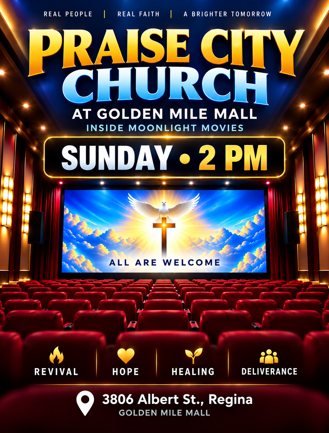 Praise City Church at Golden Mile Mall, inside Moonlight Movies, Sunday at 2 PM